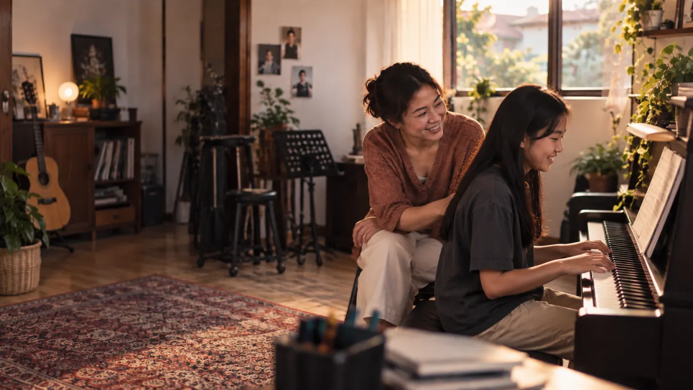 A studio owner teaching a student, relaxed and mid-conversation