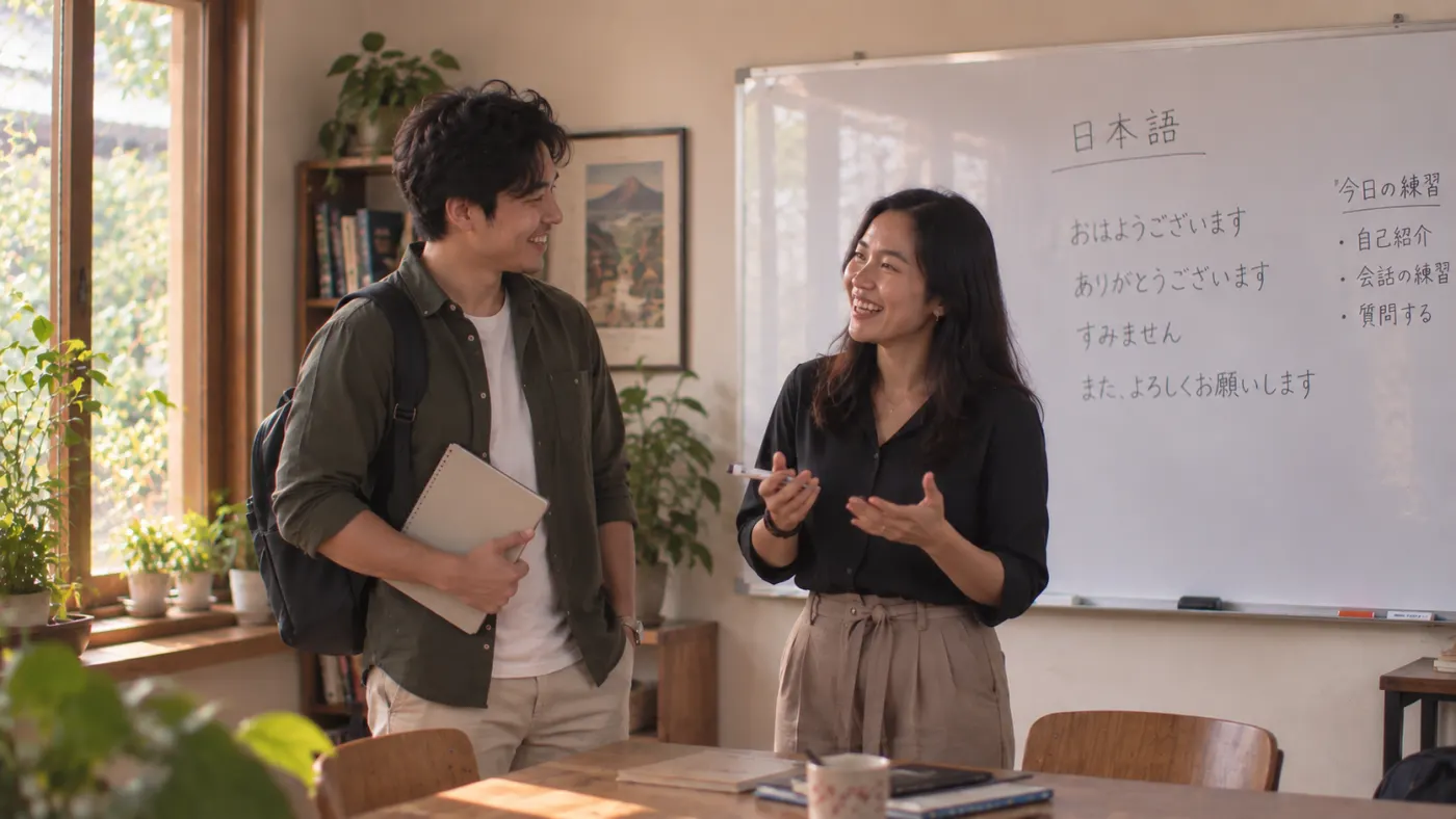 A teacher and a student at the end of a lesson in a small music studio